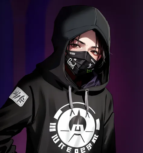 a closeup of a person wearing a hoodie and an all-black mask prints free fire, estilo assustador, usando um capuz escuro sem est...