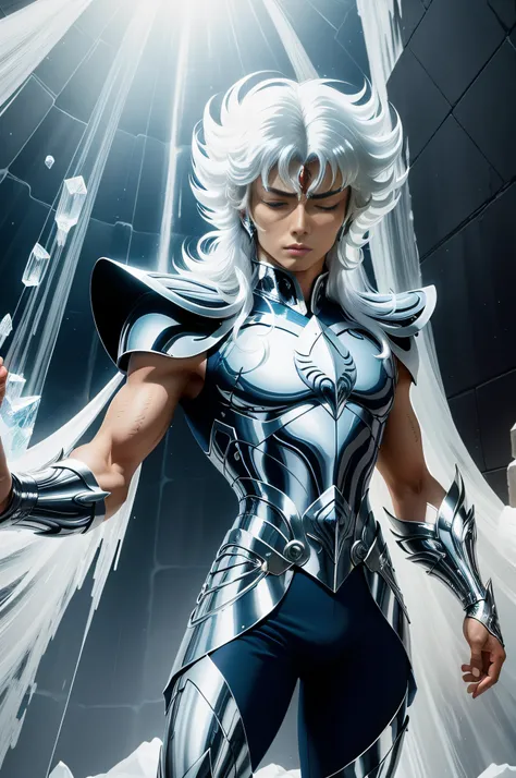 (man), male details, swan hyoga, saint seiya, he is frozen in a huge ice cube (frozen1.5) in (giant ice inside:1.5), (closed eye...