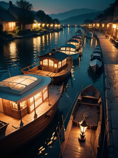 A river full of boats with having lamp