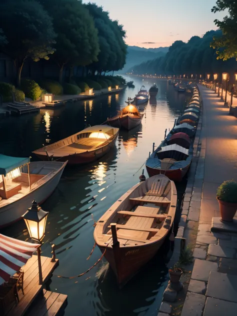 A river full of boats with having lamp and colorful seats