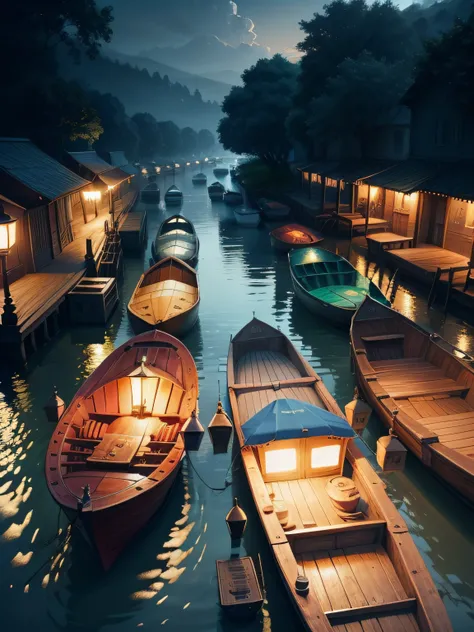 A river full of boats with having lamp and colorful seats