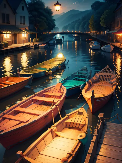 A river full of colorful boats with having lamp and colorful seats