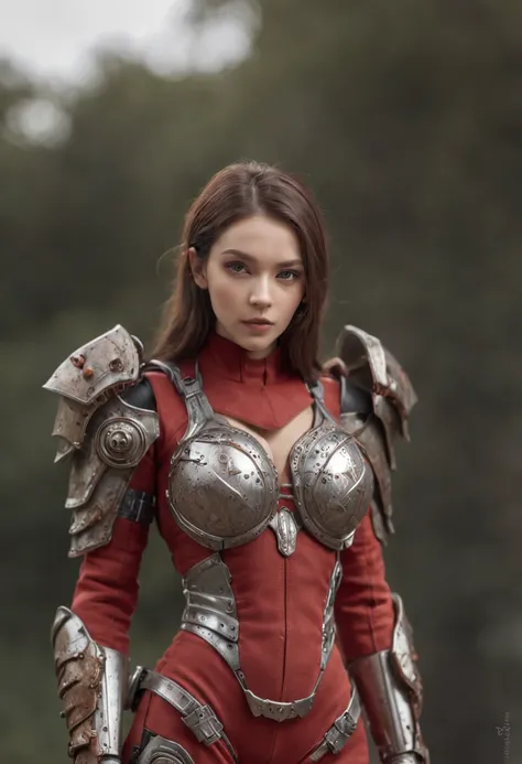 (Master parts), (best qualityer), rendering, Realistic, ultra - detailed, perfect  face, perfect bodies, 1 Tape, Beautiful girl, Girl in red armor, Mechanical armor, exoskeleton, Stand, Strike a legal pose, Sexy, Watching from behind