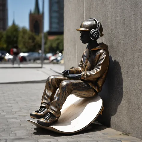 Detailed three-dimensional sculpture, Depicting a life-size skateboarding boy. He was wearing a skateboard suit，A skateboard is tucked under his arm。, When listening to Christian music on headphones. The sculpture is set in an urban environment，Combines el...