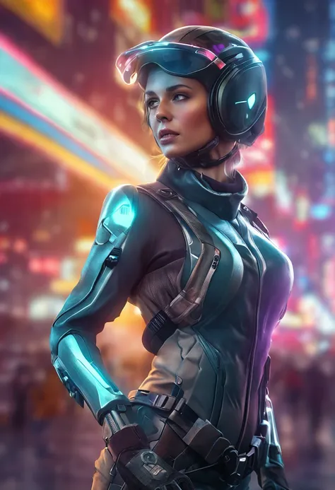 Take a photo outdoors of an amazingly beautiful woman dressed as a futuristic high-tech soldier, Has an incredible feminine form, She is amazingly ecstatic gorgeous, stunningly attractive, stunningly attractive, Digital painting, Digital illustration, Extr...