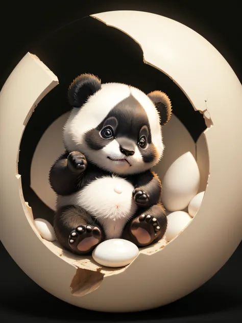 A little cute panda in the crack egg cell, clear background