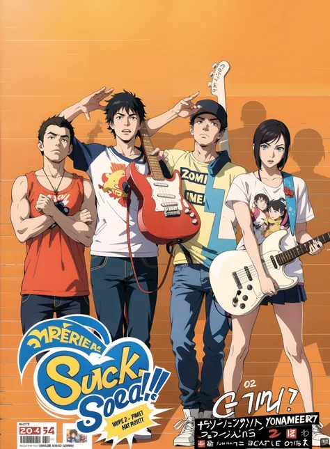 Anime poster, Young teenager, rock band poster, three guys, one girl