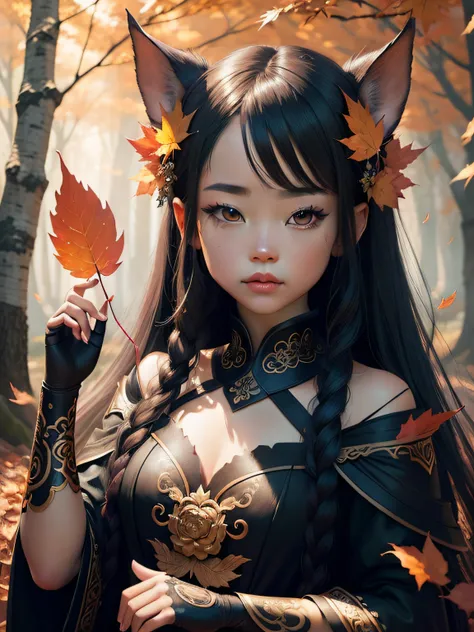 cute girl holding leaf，Autumn leaves， beautiful fantasy portrait, beautiful fantasy art portrait, Beautiful surreal portrait, fantasy portrait, fantasy art portrait, detailed matte fantasy portrait, portrait of a dark fantasy nymph, Asian goddess, Beautifu...