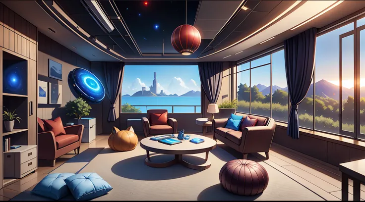 Mechanical industry，Functional wind，inside in room，Studio，Widescreen PC，cyber punk perssonage，Studio，starrysky，mirai，Machinary，Technologie，Comfortable chairs and throw pillows，Welcome day，Large floor-to-ceiling windows，asteroids，starrysky，sci-fy，dream magi...