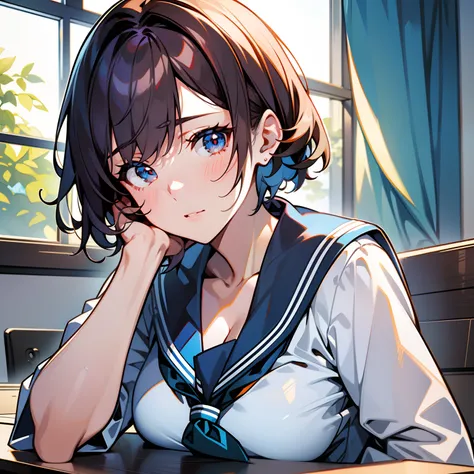 Blue-orange curls are curved inward，It belongs to short-haired，There is a strong sense of freshness and freshness,girl with,((serafuku)), hands on ones face, Elbows on the desk, Sit up, ‎Classroom, sunlights, window, see the beholder, Face in Love, I can s...