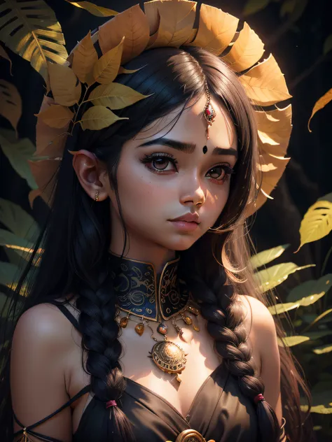 A cute indian girl holding a leaf in the hand，Autumn leaves， beautiful fantasy portrait, beautiful fantasy art portrait, Beautiful surreal portrait, fantasy portrait, fantasy art portrait, detailed matte fantasy portrait, portrait of a dark fantasy nymph, ...