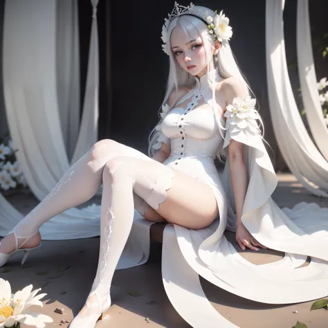 White hair, white skin, superb realistic ultra-clear flower background, long-legged beauty sitting on the ground in black stockings, white gorgeous clothes