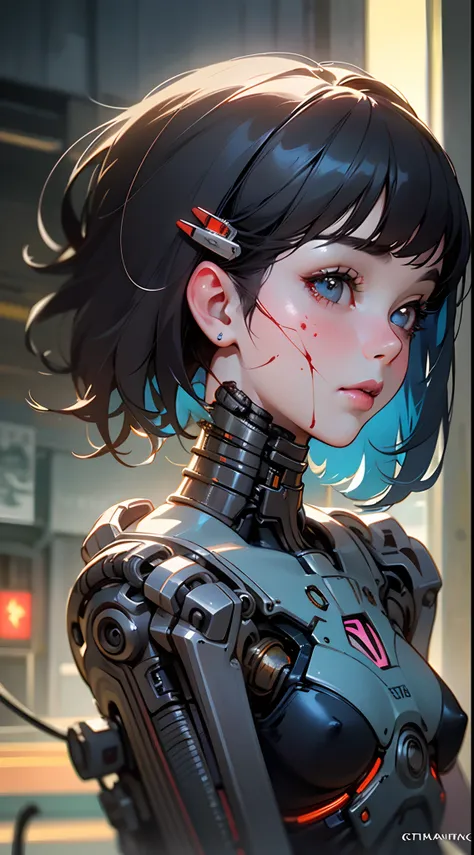 Top Quality, Masterpiece, Ultra High Resolution, ((Photorealistic: 1.4), Raw Photo, 1 cyberpunk Girl, Black Hair, Glossy Skin, 1 Mechanical Girl, (Ultra Realistic Details)), cinematic lighting, deep shadows, Octane Rendering, 8K, Ultra Sharp, Metal, Intric...