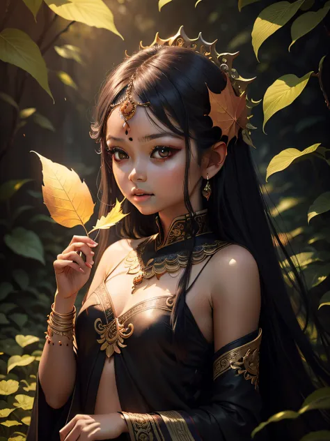 A cute indian girl holding a leaf in the hand，Autumn leaves， beautiful fantasy portrait, beautiful fantasy art portrait, Beautiful surreal portrait, fantasy portrait, fantasy art portrait, detailed matte fantasy portrait, portrait of a dark fantasy nymph, ...