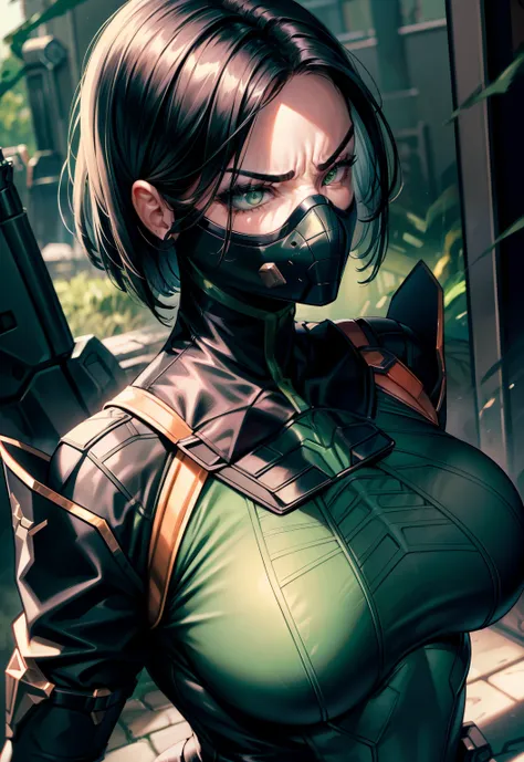 Masterpiece, Best quality,Look at the woman from below ，《Fearless viper》, tightsuit, mitts, belt, thigh boots, respirator, view the viewer, face, Portrait, Close-up, Red-faced，Glowing eyes, green smoke, Black background,huge tit，Raised chest，Close-up of ch...