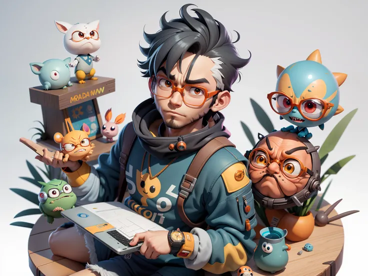 A young man with glasses sits at his desk，holding laptop，digitial painting，3D character design by Mark Clairen and Pixar and Hayao Miyazaki and Akira Toriyama，4K HD illustration，Very detailed facial features and cartoon-style visuals。