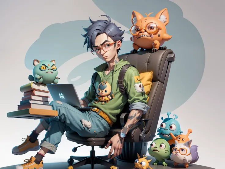 A young man with glasses sits at his desk，holding laptop，digitial painting，3D character design by Mark Clairen and Pixar and Hayao Miyazaki and Akira Toriyama，4K HD illustration，Very detailed facial features and cartoon-style visuals。