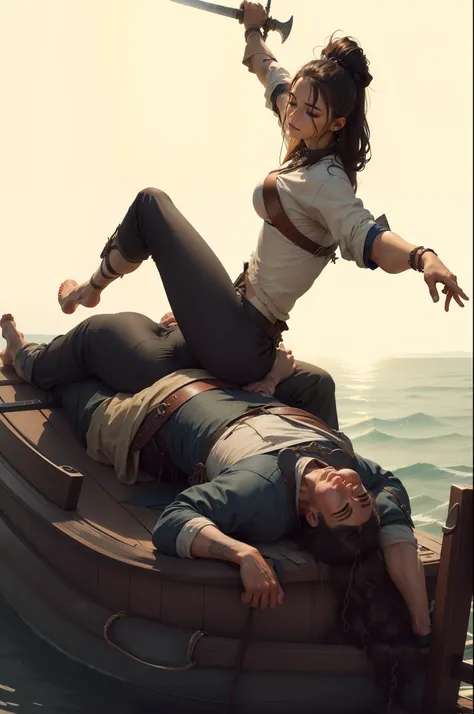 A man is sleeping on his boat, in his right hand is his back. A woman is sitting on top of him, holding a sword in her two hands, which she is thrusting into his chest.