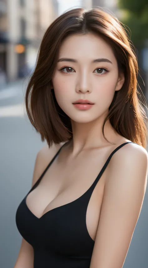 ((Best quality, 8k, Masterpiece :1.3)), Sharp focus :1.2, A pretty woman with perfect figure :1.4, Slender abs :1.2, ((Dark brown hair, Big breasts :1.2)), (Natural light, City street:1.1), Highly detailed face and skin texture, Detailed eyes, Double eyeli...