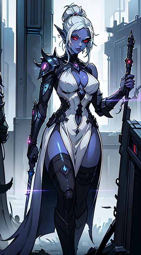 1girl, sexy drow, dark purple-blue skin, pale silver hair bun, ((red eyes)), elf ears, wears ((sexy cyberpunk sorceress white dress)), hegh heels, wields ((cyberpunk sorceress staff)), ((casts light magic)), posing on a busy cyberpunk streer, athletic, vol...