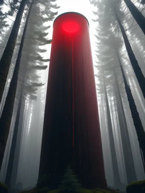 A red glowing cylinder shape, high height, in rhe raining forest, iceland, dark theme, 8k, ultrarealistic