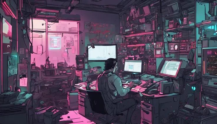 (masutepiece, of the highest quality, Best Quality, Official art, Beautiful and aesthetic:1.2),(Cyberpunk:1.4) guy in his studio in front he has his desk , on top of it the PC monitor on the left, ) ( his hands relaxing over the desk) looking to the camera...