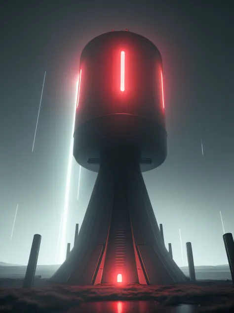 A red glowing cylinder shape alien ship, high height, in iceland, in rhe raining forest, dark theme, 8k, ultrarealistic