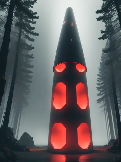 A red glowing cylinder shape alien ship, high height, in iceland, in rhe raining forest, dark theme, 8k, ultrarealistic