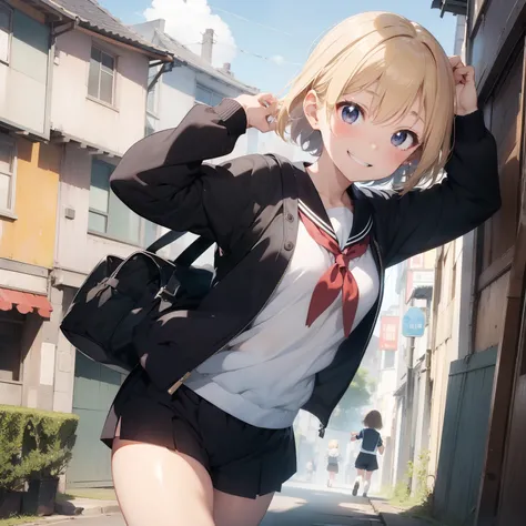 ​masterpiece、Outstanding works、Beautiful、Definition image quality、realisitic、Cute girl with blonde hair、Black knee-high、Boyish impression with short hair、shortpants、Sailor suit crumbling、Happy smile、Bustling background、