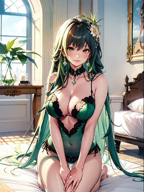 （Enrich the picture，Masterpiece level quality）Beautiful 8K CG artwork，Goddess-like posture，Kneeling exercise，Slim and soft，Translucent skin，Green hair、The aesthetic appearance of extra-long models, Messy hair，The skin is fair and juicy，Big JK Uniform，Persp...