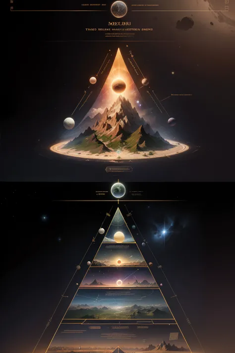 Mount Meru，Hierarchical diagram of multi-layered universes，Detailed chart annotations，Triangle boundary，Mysticism dividing line，Planetary hierarchy，Surrounded by stars，Star chart，Detailed details are plentiful，Display the chart symmetrically，Alchemy Univer...