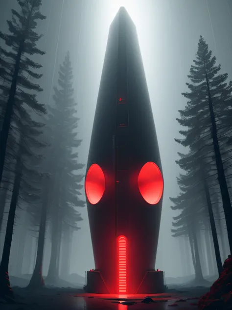 A red glowing cylinder shape alien ship, high height, in iceland, in rhe raining forest, dark theme, 8k, ultrarealistic