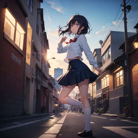 the night，Short dark blue hair，Sky-blue pupils，Girl in school uniform running on the road