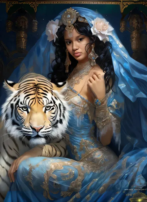 a woman in a blue dress holding a tiger in her hands, Magali Villeneuve», Amano e Karol Bak, retrato bonito da arte da fantasia, Princesa persa, arte de fantasia muito bonita, bela arte de fantasia, Graphic artist Magali Villeneuve, karol bak uhd, linda do...