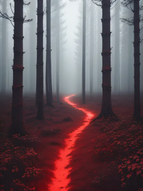 A red glowing forest with fog, in iceland, in rhe raining forest, dark theme, 8k, ultrarealistic