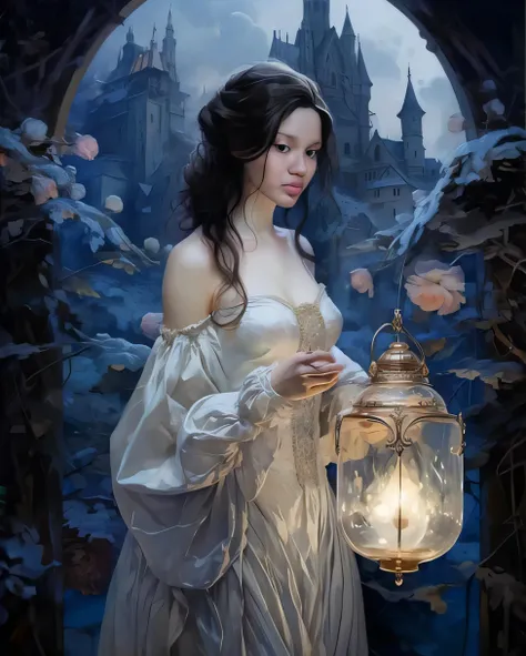 Mulher em um vestido branco segurando uma lanterna na frente de um castelo, menina sob a lanterna, fantasia arte vitoriana, bela arte de fantasia, Magali Villeneuve», pintura de fantasia bonita, pintura de personagem bonita, linda donzela fantasia, retrato...