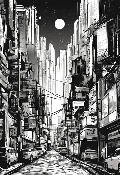 [Create a stunning black and white night cityscape inspired by the style of Sui Ishidas Tokyo Ghoul.]