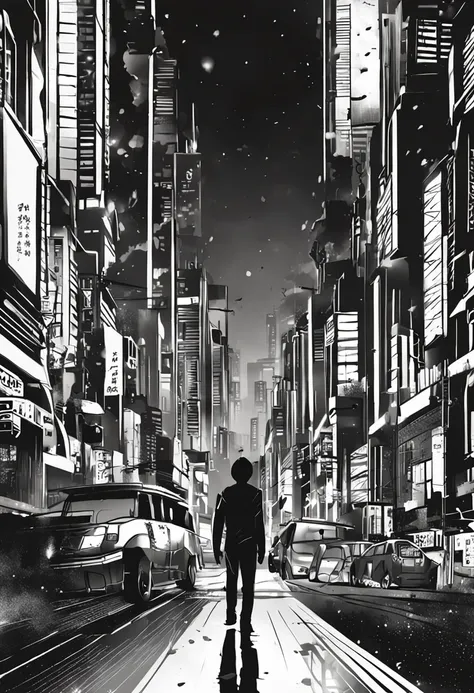 [Create a stunning black and white night cityscape inspired by the style of Sui Ishidas Tokyo Ghoul.]