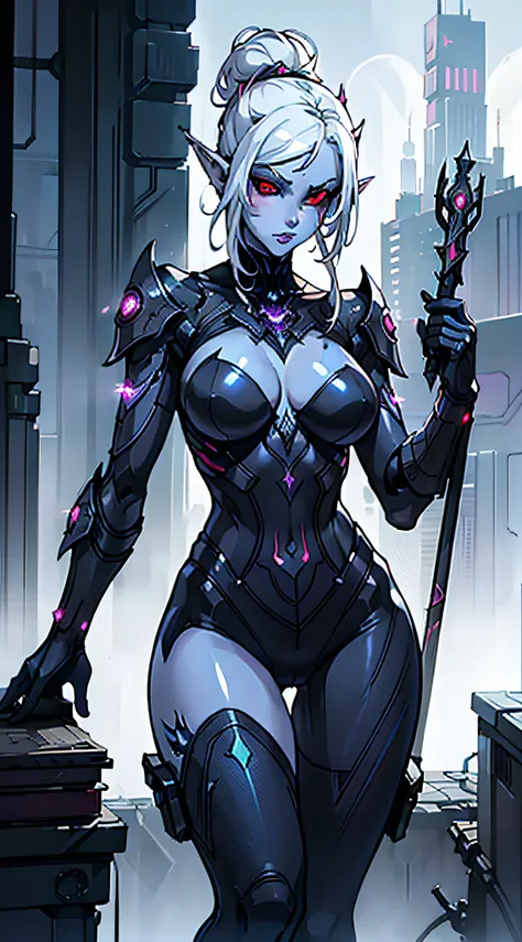 1girl, sexy drow, dark purple-blue skin, pale silver hair bun, ((red eyes)), elf ears, wears ((white sexy cyberpunk sorceress bodysuit)), high heels, wields ((cyberpunk staff)), casts ((light magic)), posing on a busy cyberpunk streer, athletic, volumetric...