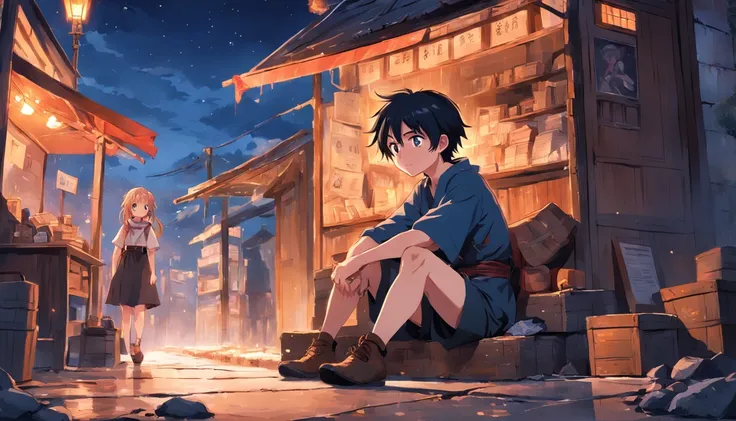 (an adventurous peasant boy, with sad countenance) and (a young peasant woman), wearing shoes, in a shop, anime style, book cover style, sunset as day gives way to night, a starry sky begins to rise above , surrounding image