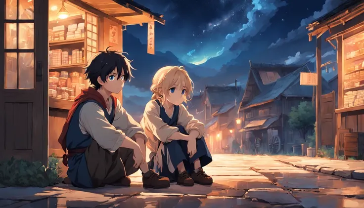 (an adventurous peasant boy, with sad countenance) and (a young peasant woman), wearing shoes, in a shop, anime style, book cover style, sunset as day gives way to night, a starry sky begins to rise above , surrounding image