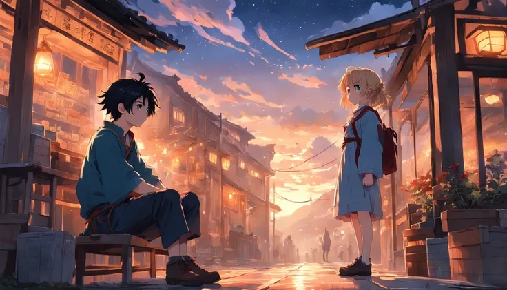 (an adventurous peasant boy, with sad countenance) and (a young peasant woman), wearing shoes, in a shop, anime style, book cover style, sunset as day gives way to night, a starry sky begins to rise above , surrounding image