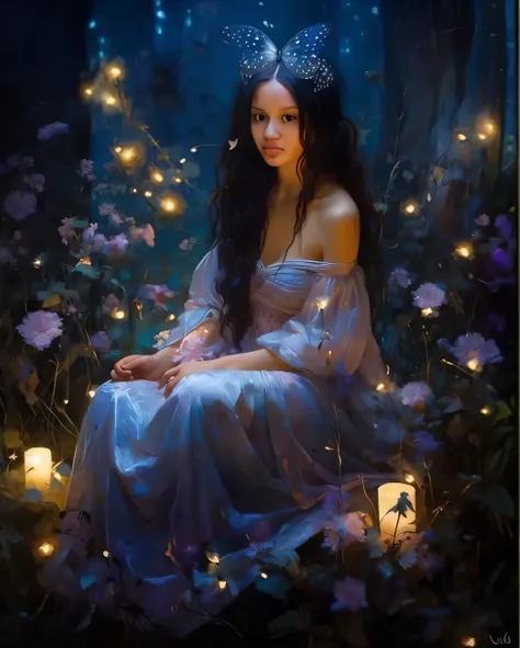 uma mulher em um vestido azul sentada em um campo de flores, a stunning young ethereal figure, linda donzela fantasia, fantasy gorgeous lighting, bela arte de fantasia, bela feiticeira faery, ethereal beauty, arte de fantasia muito bonita, pintura de fanta...