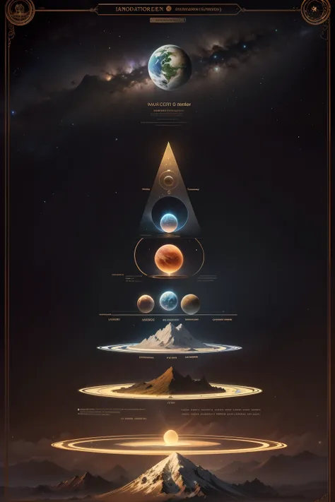 Mount Meru，Hierarchical diagram of multi-layered universes，Detailed chart annotations，Triangle boundary，The dividing line of mysticism，Mountain and planetary hierarchy，Surrounded by stars，Star chart，Very much detail is rich，Complex display charts，Alchemy U...