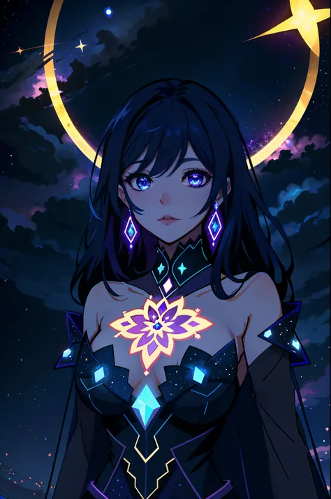 A grand divine cosmic goddess, (2d illustration:1.2), Dark, purple, blue, starry, (imposing), (grand), (1woman:1.3), ((sfw:1.4))