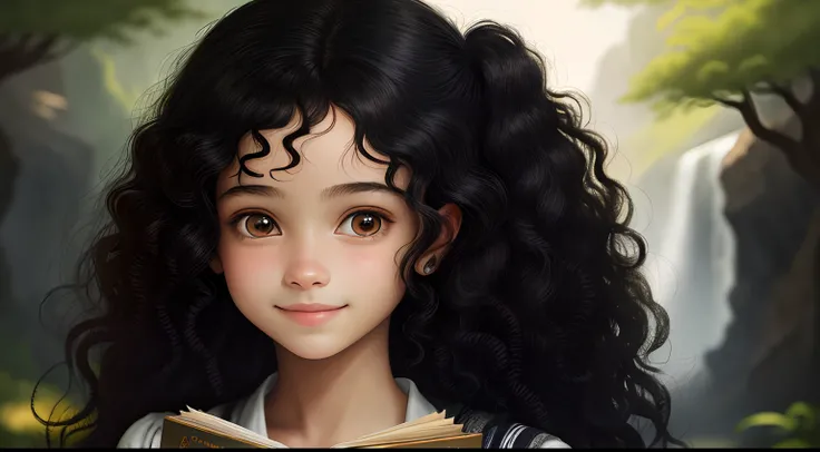 Disney，1girl，Holding a book in hand，White skin ，black long curly hair，self-assured，ssmile，looking to the camera，delicated，super detailing，Face details，background detail