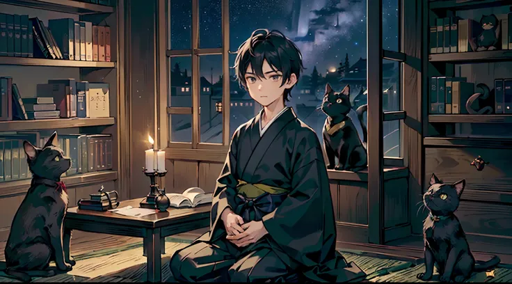 #night sky (darkness of night,no light,stars),
#a writing boy (16 male、Honor Students、A dark-haired、short-hair、hakama,sit flat),
#black room at night (no light,black cat,wooden low table,one candle,pretty tatami,a lot of books,bookshelf)