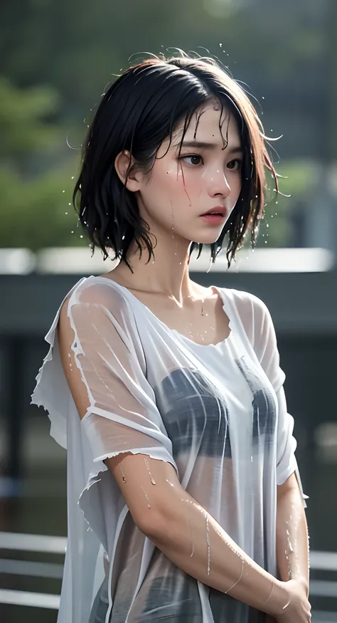 Best picture quality, masterpiece, ultra high resolution, (fidelity :1.4), photo, 1 girl,[(sadness)],white shirt, Dim, dark, desperate, pitying, pitiful, cinematic,tear,teardrop,(Torn clothes:1.5), (Wet clothes:1.4), bare shoulders,Real rain,wet hair,..