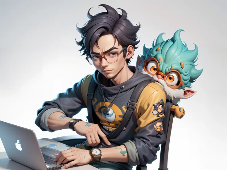 A young man with glasses sits at his desk，holding laptop，digitial painting，3D character design by Mark Clairen and Pixar and Hayao Miyazaki and Akira Toriyama，4K HD illustration，Very detailed facial features and cartoon-style visuals。