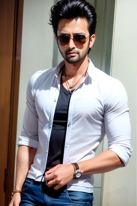 a close up of a man with sunglasses standing with his arms crossed, really good looking face!!, with lovely look, handsome man, pretty face!!, Atif Aslam, candid picture, very handsome, very attractive and beautiful, sleek!!!, handsome and attractive, styl...